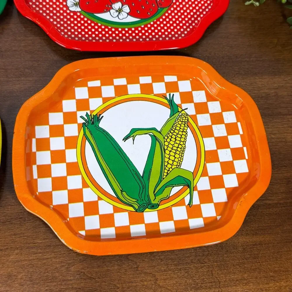 Vintage Giftco Small Rectangular Tin Trays Lot of 4 Fruits & Vegetables Retro